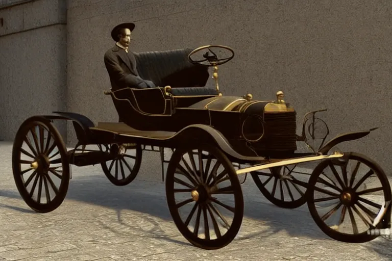 Image similar to still photo of the invention of the first car by karl benz in 1 8 9 3, highly detailed, photorealistic shot, bright studio setting, studio lighting, crisp quality and light reflections, unreal engine 5 quality render