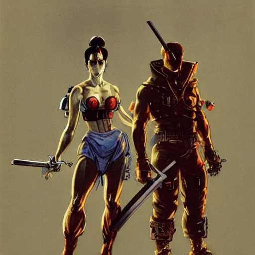 Image similar to An android wielding two katanas in a cyberpunk setting by Frank Frazetta, Trending on Artstation, 1980s computer graphics,