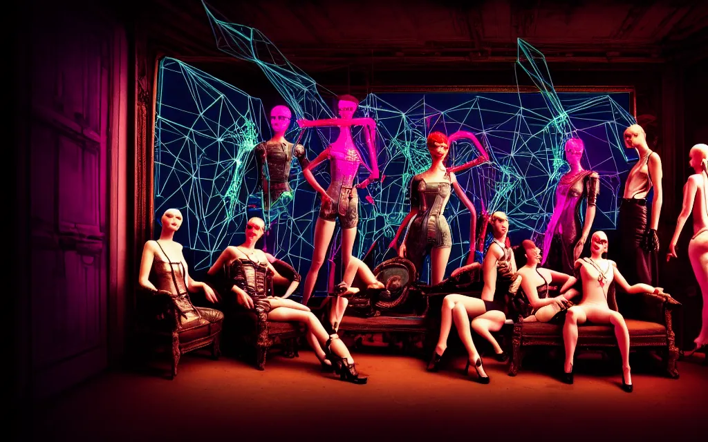 Image similar to A group of people, each person is wearing a leeloo by jean paul gaultier , sitting on an old antique couch in an old room with electronics, like a cyberpunk workshop, all around, very detailed, cyberpunk wires and oled monitors, displaying stock charts, on the walls, digital displays and holographic projections, projections of , ultrarealistic, dramatic lighting, electrical details, high details, 4k, 8k, best, accurate, trending on artstation, artstation, photorealism, ultrarealistic, digital painting, style of Caravaggio, Boris Vallejo