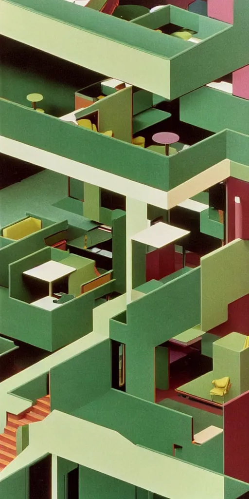 Image similar to huge sprawling gargantuan angular dimension of infinite indoor landscape 7 0 s green velvet and wood with metal office furniture. surrealism, mallsoft, vaporwave. muted colours, 7 0 s office furniture catalogue, shot from above, endless, neverending epic scale by escher and ricardo bofill