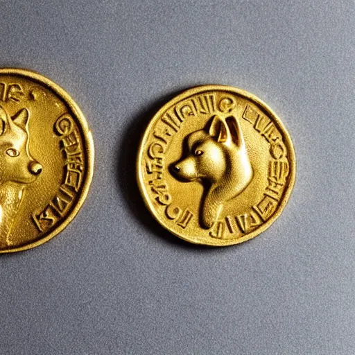 Image similar to an ancient roman gold coin with the face of a shiba inu, close up photo, ultra realistic, studio photo, bokeh. intricate details.