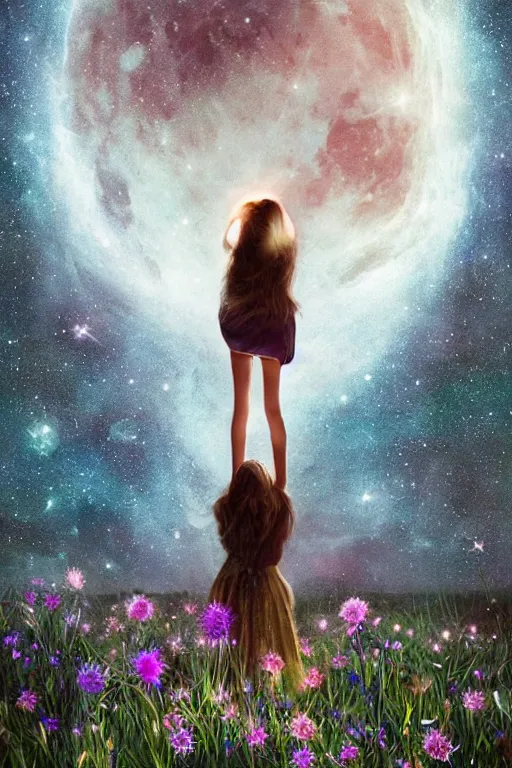 Image similar to breathtaking beautiful mystical illustration of a girl standing in a field of wild flowers gazing up at night sky, stars and milky way and moon, extreme foreshortening, bottom - up perspective, by akageno saru and thomke meyer and julia plath, trending on artstation and tumblr