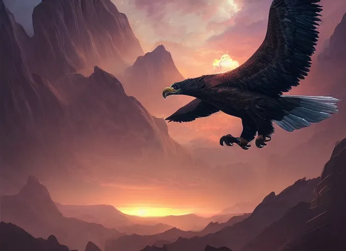 Prompt: majestic eagle made out of light soars over a canyon of darkness, sunset, beautiful, extremely detailed, concept art, artgerm, trending on artstation, powerful imagery, award - winning, fantasy aesthetic,