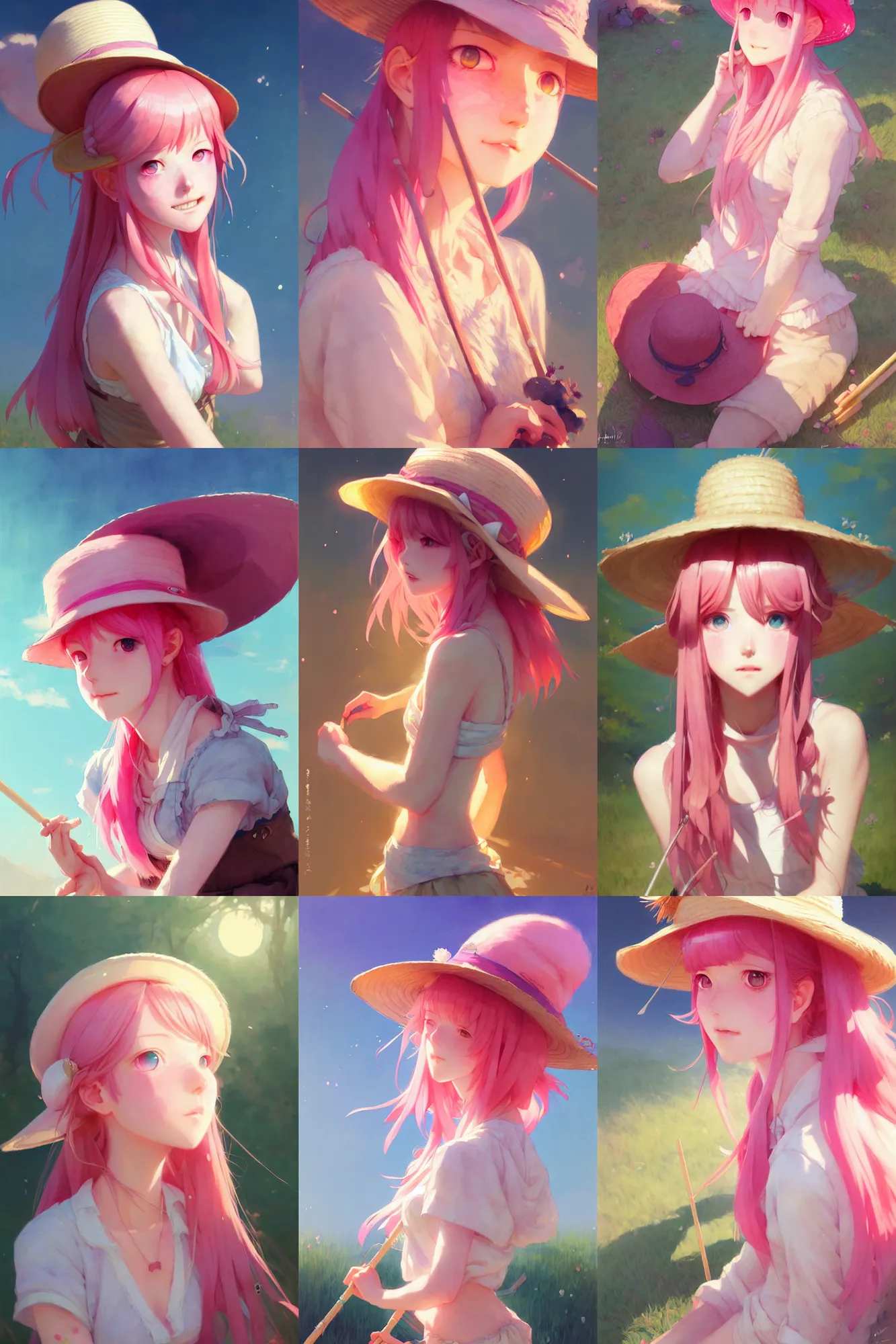 Prompt: portrait of a cute girl with pink hair with straw hat camping, illustration, top lighting, perfect shadow, soft painting, leaning towards watercolor, art by hidari and krenz cushart and wenjun lin and akihiko yoshida and caidychen and wlop and artgerm