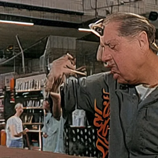 Prompt: tony hawk skateboards in alfred hitchcock's the birds, film scene