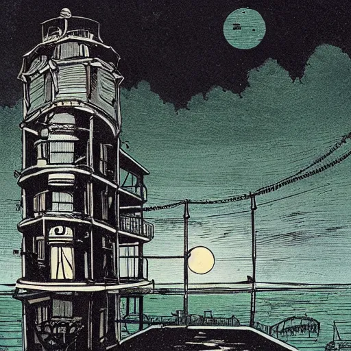 Image similar to seaside prison, heavy ink, moon in sky, green, mike mignola