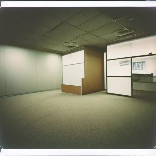 Prompt: polaroid photo a of lonely office space, desolate atmosphere, faint pink led string lights can be seen, portra 800