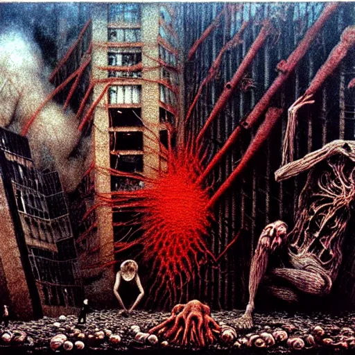 Image similar to 9 / 1 1 terror attack by otto dix, junji ito, hr ginger, jan svankmeyer, beksinski, claymation, hyperrealistic, aesthetic, masterpiece