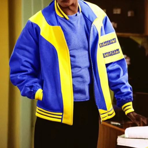 Prompt: gus fring in a royal blue varsity jacket with yellow sleeves, still from breaking bad