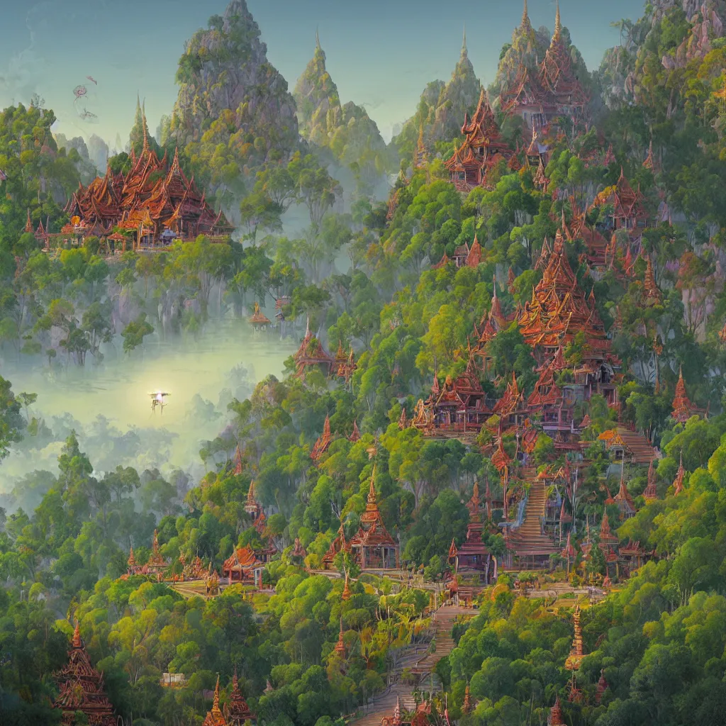 Image similar to summer morning, thai temple, rolling mountain, very coherent and colorful high contrast, art by gediminas pranckevicius, geof darrow, franz sedlacek, dark shadows, hard lighting