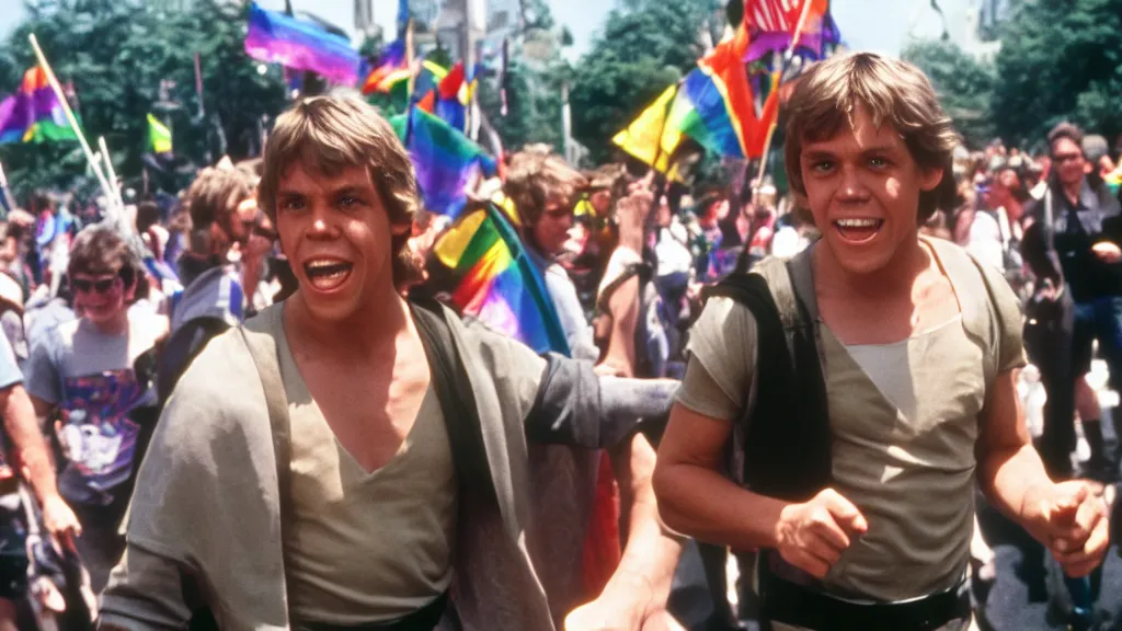 Image similar to rotj luke skywalker goes to pride, getty images, victorious, flags, parade, gay rights, bright smiles, daylight, twenty three year old luke skywalker at gay pride, 3 5 mm photography, very happy, played by young mark hamill, smiling