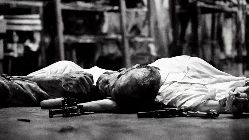 Prompt: film still of a wounded man in a white shirt laying in a warehouse next to a gun on the ground. moody, grainy, 4 k, directed by quentin tarantino,