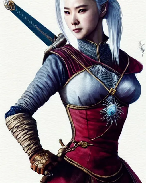 Image similar to Zhang Ziyi as Ciri from Witcher 3 by Artgerm and Greg Rutkowski, wearing haute couture by schiaparelli, sharp focus, sun rays, intricate, elegant, highly detailed, digital painting, masterpiece.