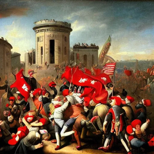 Image similar to obese maga trump supporters in red hats storming the bastille in 1 8 th century france oil painting