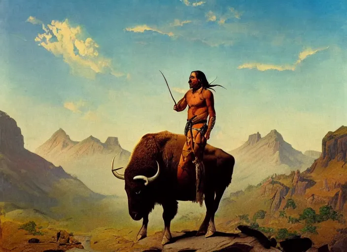 Image similar to native american riding bison, buffalo, native american warrior, mountain range, beautiful sky, standing on the edge of a cliff, 1 9 th century, painted by frazetta