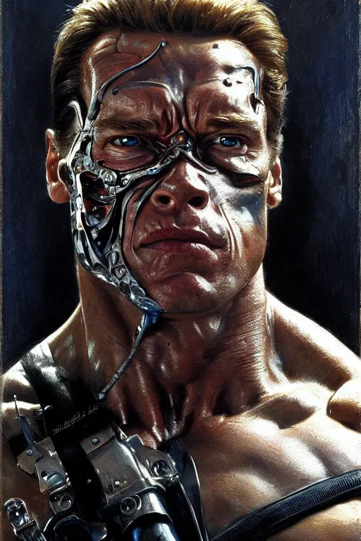 Prompt: muscular arnold schwarzenegger as terminator, exhausted face close up, highly detailed painting by gaston bussiere, craig mullins, j. c. leyendecker 8 k