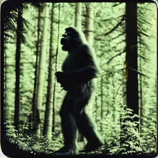 Image similar to 80s polaroid photo of bigfoot in the woods, profile view, very grainy, damaged film, candid flash photography