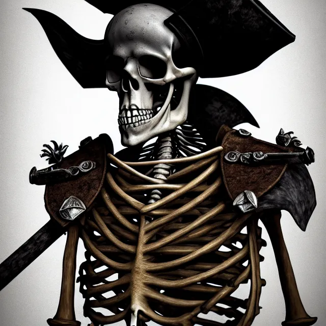 Image similar to photo of a skeletal pirate ghost head and torso with a tricorne hat and sword, photorealistic, dark, atmospheric lighting, painted, intricate, ultra detailed, well composed, best on artstation, cgsociety, epic, stunning, gorgeous, intricate detail, wow, masterpiece