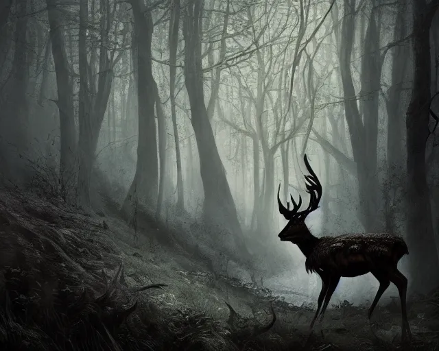 Image similar to 5 5 mm portrait photo of an armored demonic undead deer with antlers, in a magical forest looking at the camera. dark atmosphere. art by greg rutkowski and luis royo. highly detailed 8 k. intricate. lifelike. soft light. nikon d 8 5 0.