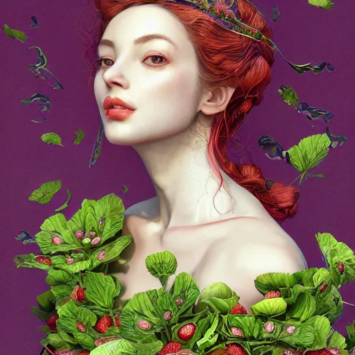 Image similar to the portrait of an absurdly beautiful, graceful, elegant, sophisticated, chaste woman made of strawberries and green petals looking up, an ultrafine hyperdetailed illustration by kim jung gi, irakli nadar, intricate linework, bright colors, octopath traveler, final fantasy, unreal engine 5 highly rendered, global illumination, radiant light, detailed and intricate environment