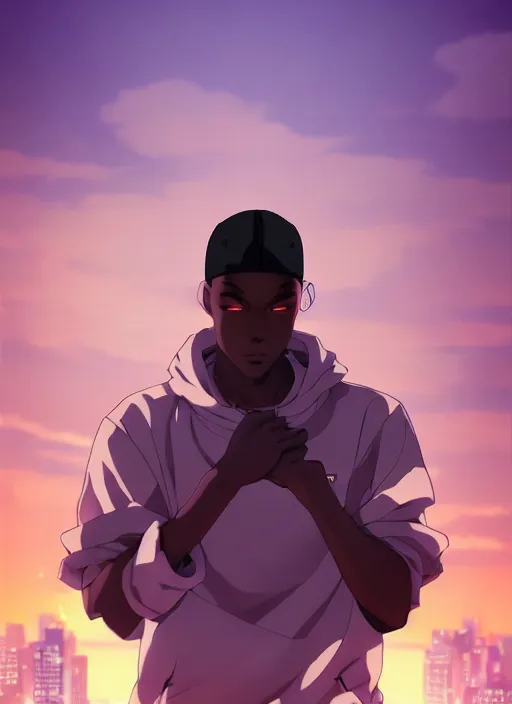 Prompt: confident hip hop young black man, looking down at the camera, anime style, scenery wallpaper aesthetic, pastel colors, symmetrical face, cinematic, dramatic, super detailed and intricate, hyper realistic, 4 k render, by artgerm, by kyoung hwan kim, by ralph mcquarrie, by yoshiyuki tomino