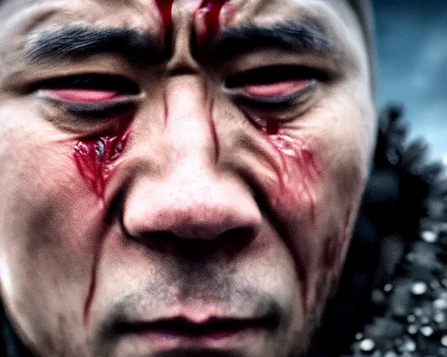 Prompt: justin sun crying as night king in game of thrones, extreme close - up of tears made of water, crimson - black bee army behind, 4 k, epic, cinematic, focus, movie still, fantasy, extreme detail, atmospheric, dark colour, sharp focus