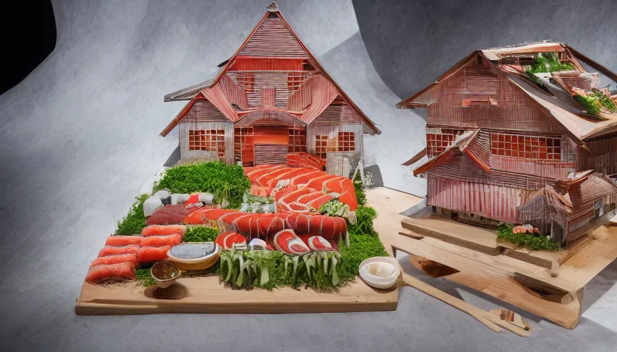 Image similar to a Barndominiums house made of sushi, 4k photography award winning,