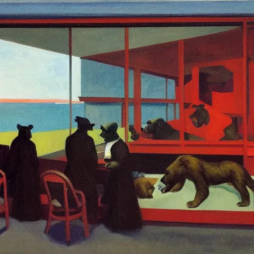 Image similar to painting, view from inside edward hopper's painting nighthawks, of a group of werebears inside a gallery, by magrirre, by neo rauch