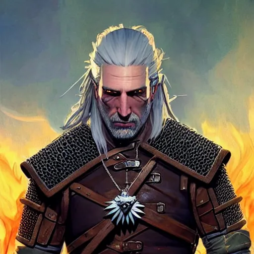 Image similar to geralt the witcher 3 sitting in the burning smoking fire at night beautiful warmth hot d & d fantasy intricate elegant highly detailed digital painting artstation concept art matte sharp focus illustration hearthstone art by artgerm art by greg rutkowski art by alphonse mucha