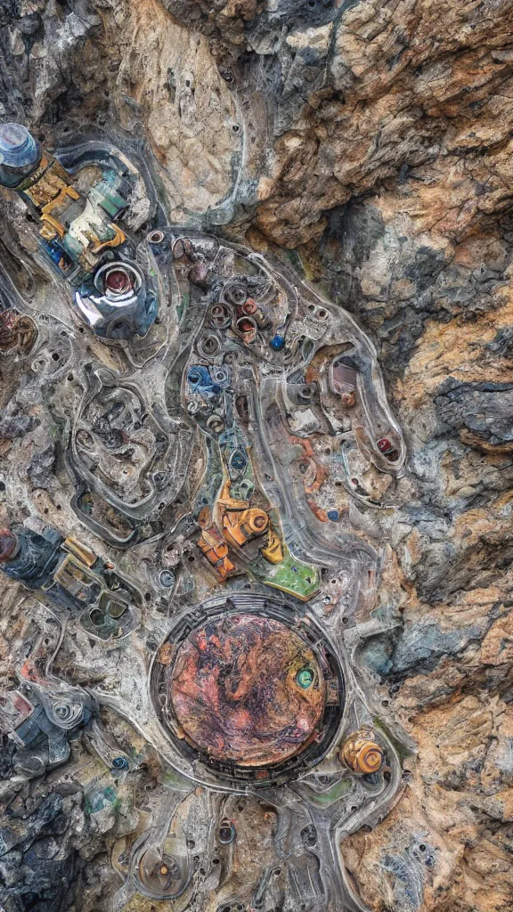 Prompt: ultra realistic macro photography of the giant magical machine embedded within the mountain, colourful sedimentary and igneous rock and marble, rock textures industrial machinery, factory machines, pistons, pipes and valves, super conducters, circuitry. 8k 3D geology