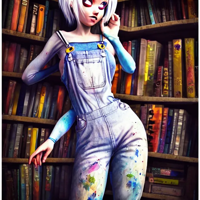 Image similar to full body pose, beautiful adult fairy, pixar, short white hair shaved sides, dirty, grungy, grunge, long sleeve, painted overalls, stacks of giant books, highly detailed, 4 k, hdr, smooth, sharp focus, high resolution, award - winning photo, artgerm, photorealistic