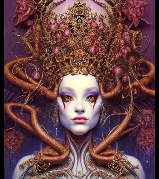 Prompt: symmetrical painting, a beautiful female queen in dress, pretty, detailed and intricate, perfect body shape, perfect face, hypermaximalist, elegant, ornate, luxury, elite, matte painting, cinematic lighting, james jean, brian froud, wayne barlowe