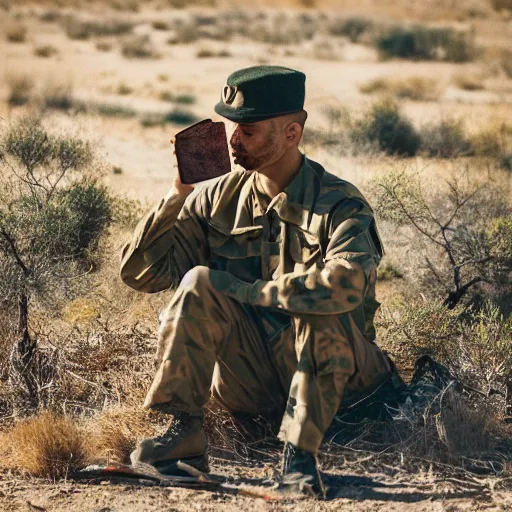 Image similar to portrait of a man wearing camuflage, army clothing, he ‘ s sitting in the desert eating some delicious crayons, beautiful composition, 5 0 mm f 1. 8, ambient light