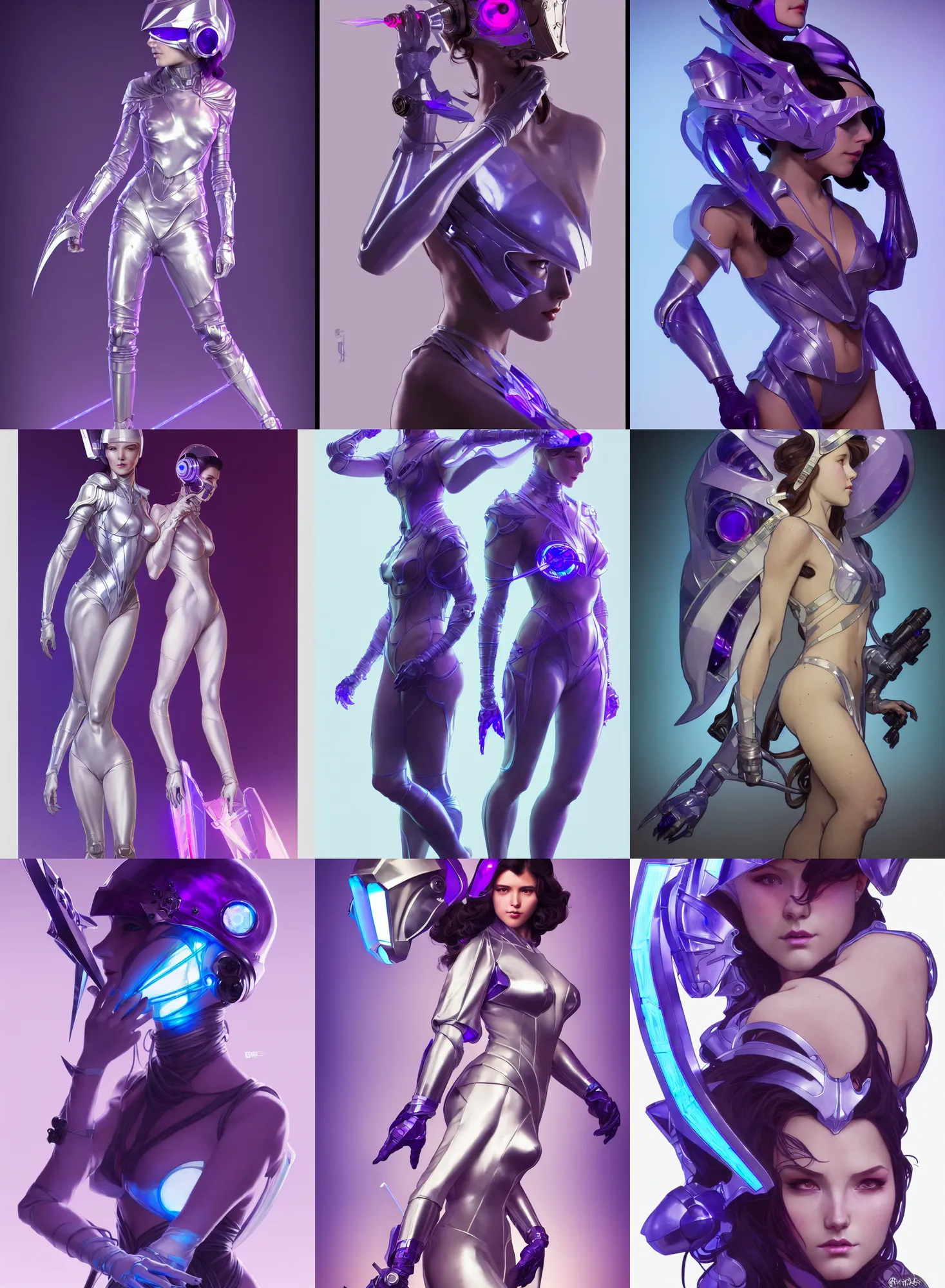 Image similar to a full body character design by artgerm, greg rutkowski and alphonse mucha. sci - fi dagger. laser and bluish violet translucent plastic tape project show attctive showgirl!! sci - fi helmet!! sharp edges. ultra clear detailed. contour light effect!! 8 k. ultra detailed, elegant, intricate, octane render.