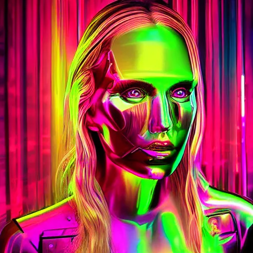 Image similar to chromatic 3d ultra realistic cyborg woman in psychedellic mirror environment digital art in synthwave style