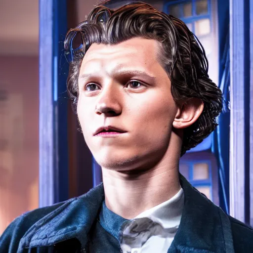 Image similar to tom holland as a rough dirty old man with a scruffy beard in a dark blue trenchcoat as the new doctor who, cinematic, volumetric lighting, f 8 aperture, cinematic eastman 5 3 8 4 film, photorealistic