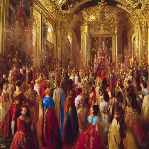 Image similar to Fantastic, fairytale painting, Beautiful, female mage, long flowing red hair, light emitting from fingertips, hovering, ornate gown, royalty, surrounded by a crowd of people, onlookers, kingdom, royal court, hyperreal,