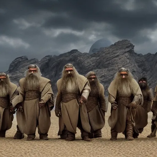 Prompt: the dwarves from the Dune movie by Denis Villeneuve, highly detailed photorealistic cinematic photoshot, high quality light postprocessing