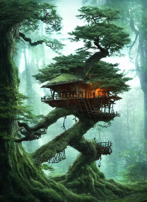 Prompt: beautiful tree house in a gnarly bonsai in a ancient forrest, dynamic lighting, cinematic, establishing shot, extremly high detail, foto realistic, cinematic lighting, post processed, concept art, artstation, matte painting, style by ghibli, myazaki