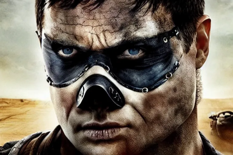 Image similar to half masked white man, short dark hair, from the makers of mad max fury road. witness me.