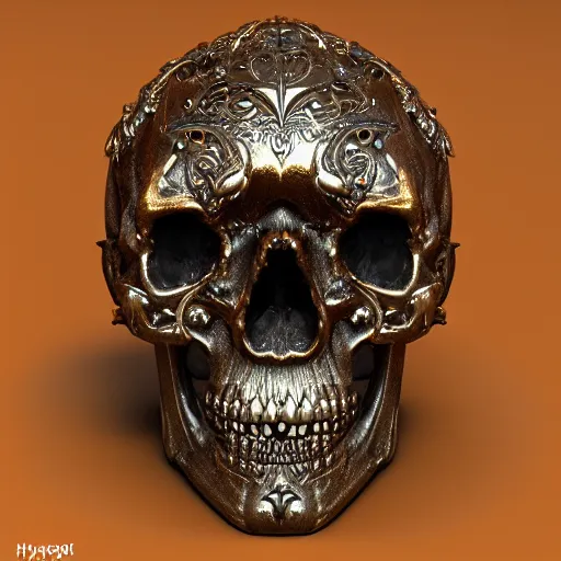 Prompt: human skull ornated with horn, filigree, patina, bronze, ornaments, 3 d design for tattoo, hyper maximalist, elegant, ornate, luxury, elite, symmetrical, unreal engine, 3 d design
