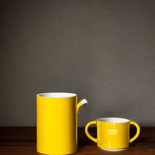 Image similar to yellow coffee mug that looks like a rimowa portmanteau, steaming coffee