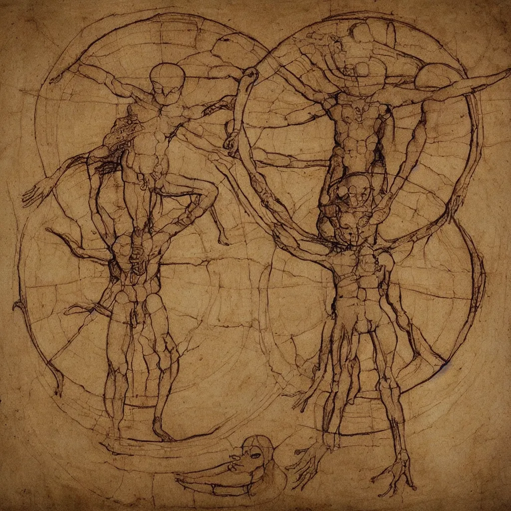 Image similar to vitruvian alien drawing by leonardo da vinci, 8 k