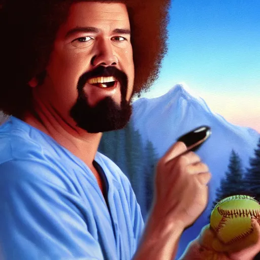 Image similar to a closeup photorealistic photograph of bob ross painting an image of kenny powers pitching a baseball on a canvas. mountains and trees. film still. brightly lit scene. this 4 k hd image is trending on artstation, featured on behance, well - rendered, extra crisp, features intricate detail, epic composition and the style of unreal engine.