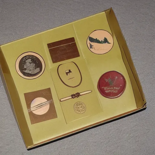 Prompt: vintage craft paper gift box for men, old school, wes anderson style, sealed with old wax