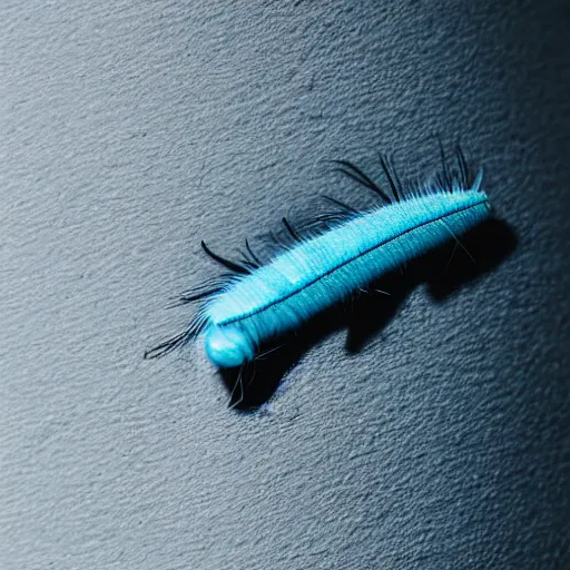 Image similar to studio photograph of a matte gray catterpillar with a neon blue head