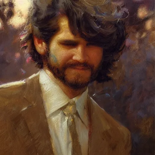 Image similar to a man with a blowout haircut, painting by Gaston Bussiere, Craig Mullins