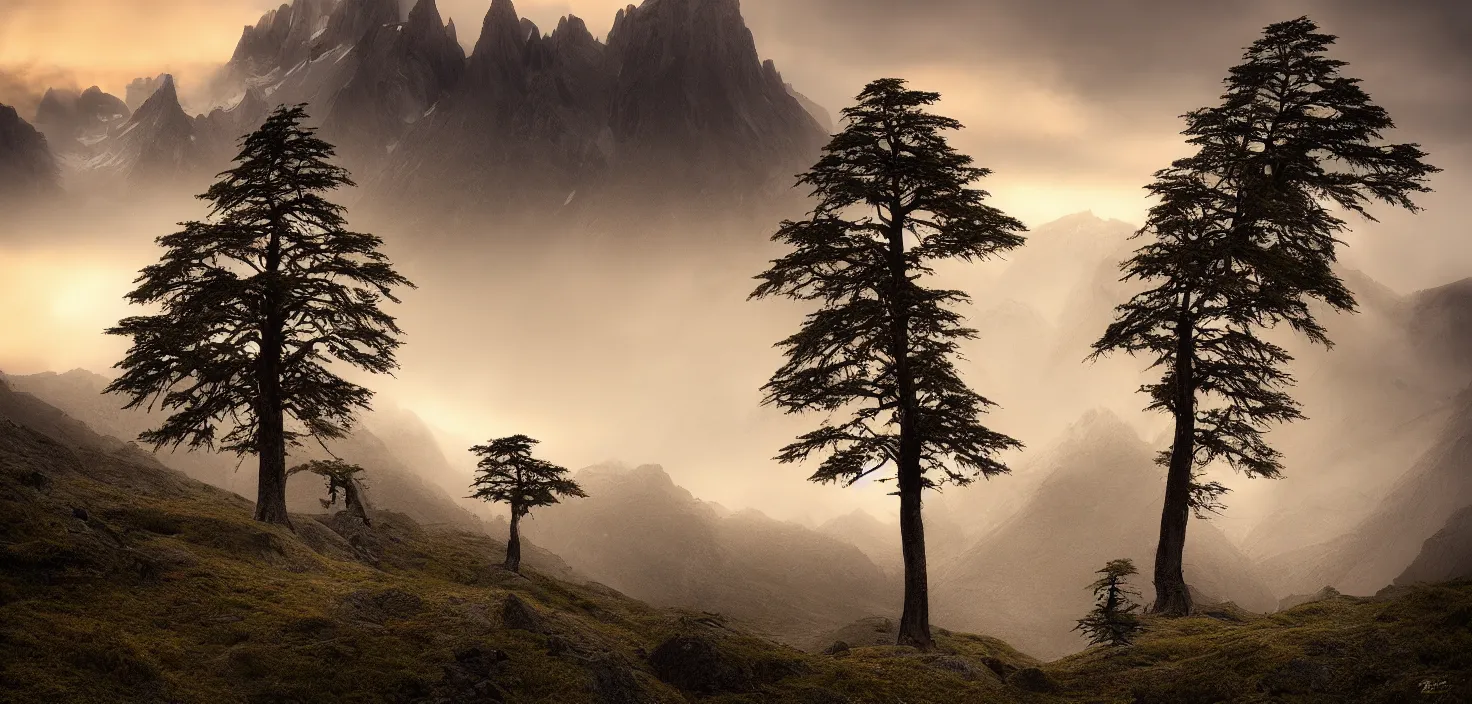 Image similar to amazing landscape photo of a lone cedar tree on a mountain by marc adamus, beautiful dramatic lighting