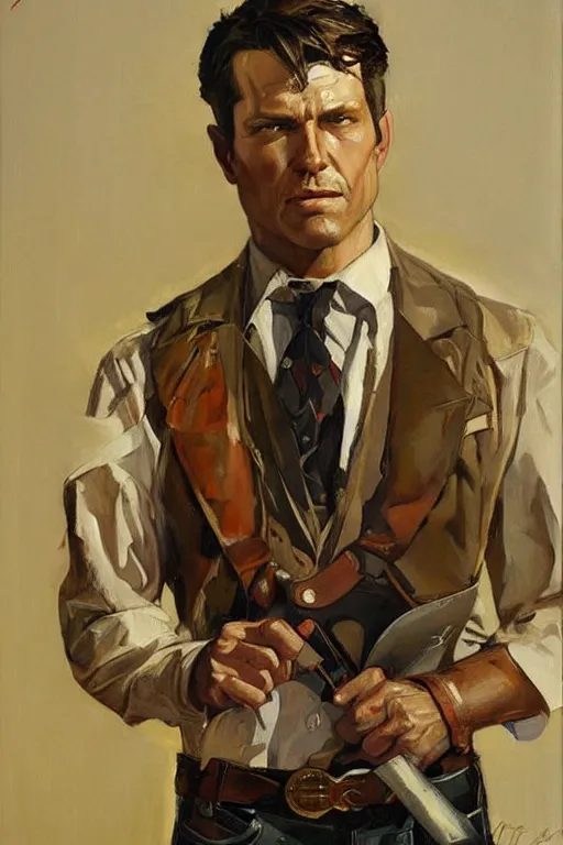 Image similar to arthur morgan, painting by jc leyendecker!! phil hale!, angular, brush strokes, painterly, vintage, crisp