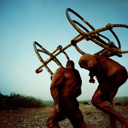 Image similar to a muscular bald man carrying two turbines on his back, portrait photograph, nikon 3 5 mm, photograph by annie leibovitz and steve mccurry